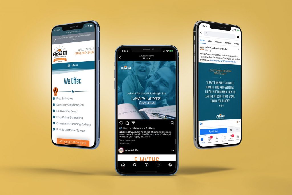 Three floating mobile phone displaying Advent Air website and social accounts