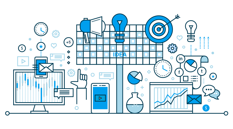 SEO and Website Design illustration featuring targeting and metrics iconography.